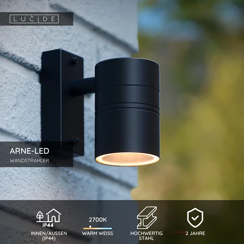 Lucide ARNE-LED - Wandstrahler / Wandleuchte Innen/Außen - Ø 6,3 cm - LED - GU10 - 1x5W 2700K - IP44 - Schwarz - USP